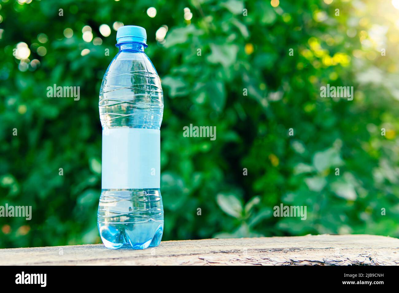 Acqua per bottiglia realizzata su sfondo di plastica e sfocato. Carta da parati per confezione o prodotto, aggiornamento dell'immagine e spazio di copia. Etichetta vuota per testo e d Foto Stock