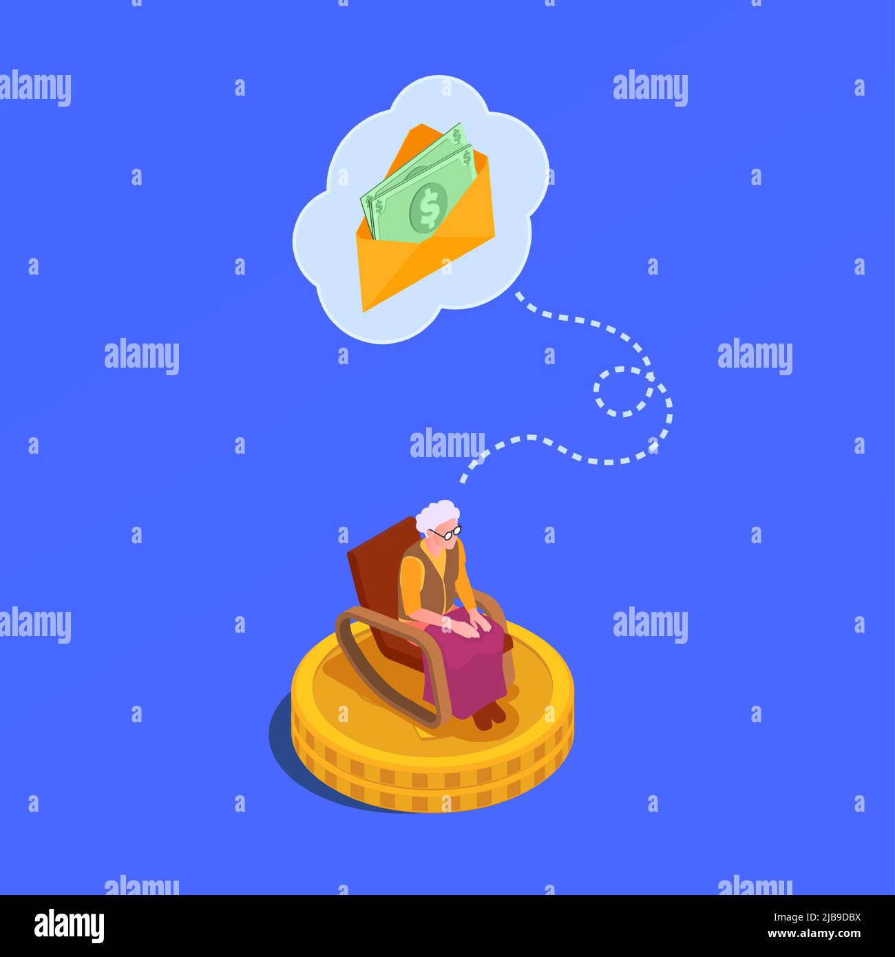 Poster isometrico di previdenza sociale con busta con denaro destinato a donne anziane sedute in poltrona illustrazione vettoriale Illustrazione Vettoriale
