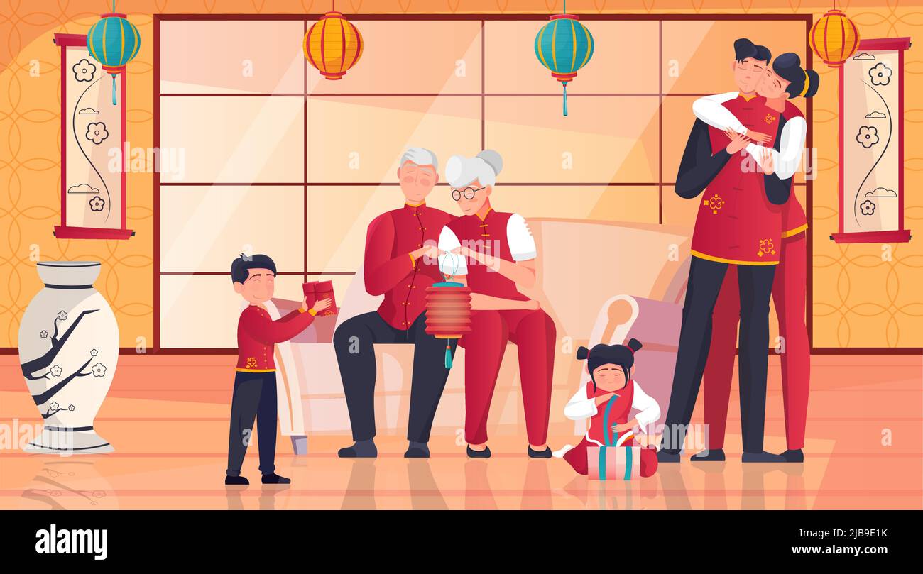 La famiglia cinese festeggia il nuovo anno insieme disimballando i regali in stanza con l'illustrazione vettoriale piatta interna orientale tradizionale Illustrazione Vettoriale
