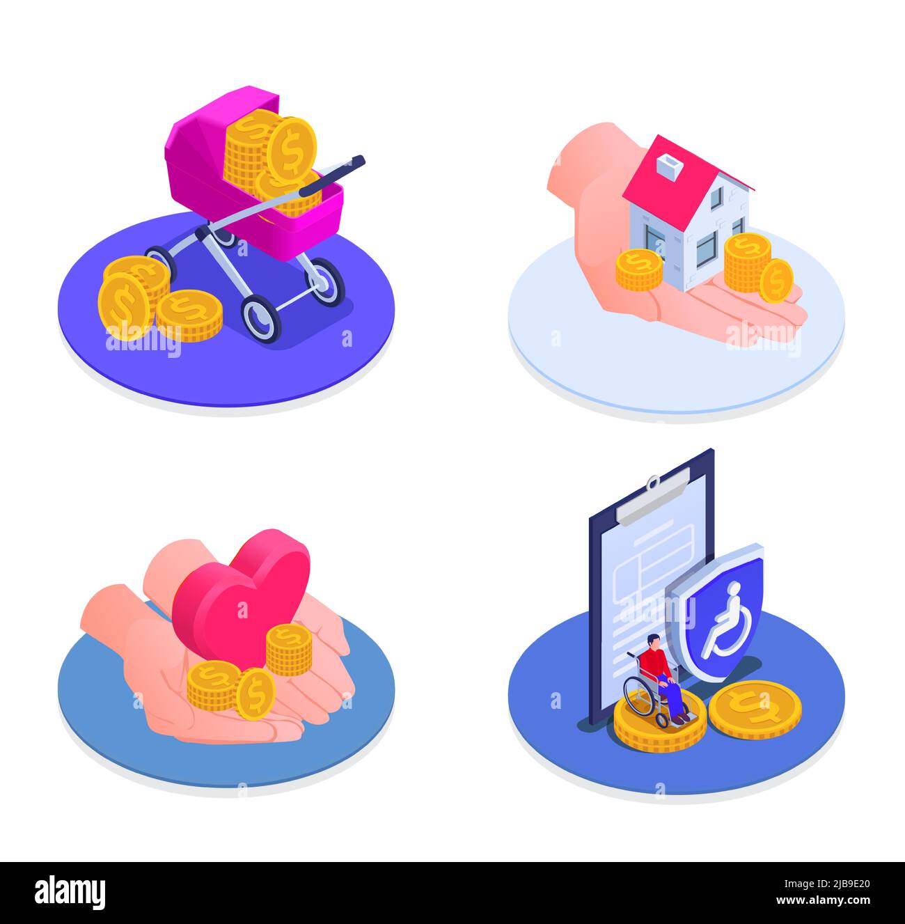 Sicurezza sociale icone isometriche insieme di maternità sostegno disoccupati e disabili prestazioni isolato vettore illustrazione Illustrazione Vettoriale