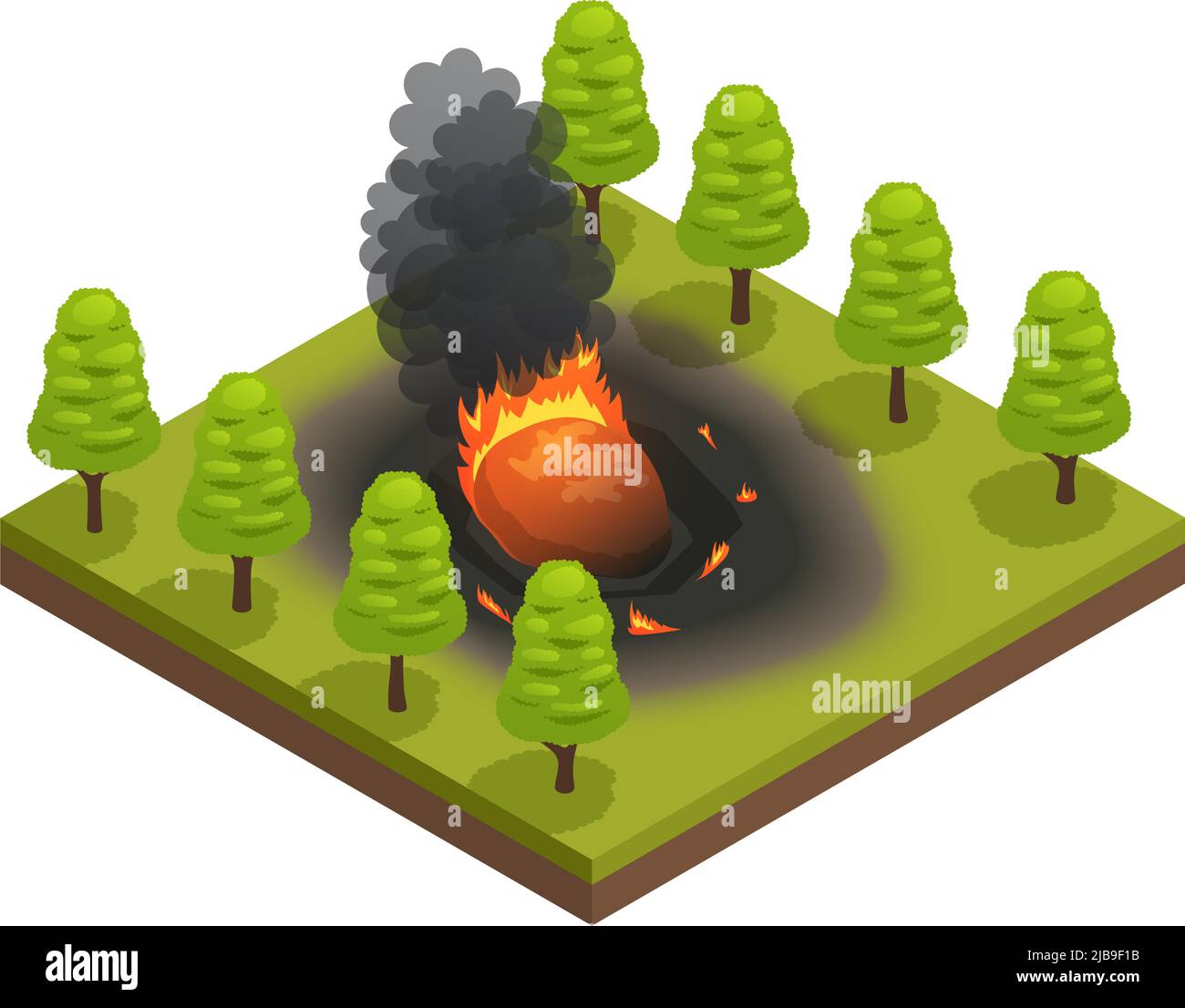 Disaster naturale composizione isometrica in vista dell'impatto del meteorite caduto con fuoco e illustrazione vettoriale degli alberi forestali Illustrazione Vettoriale