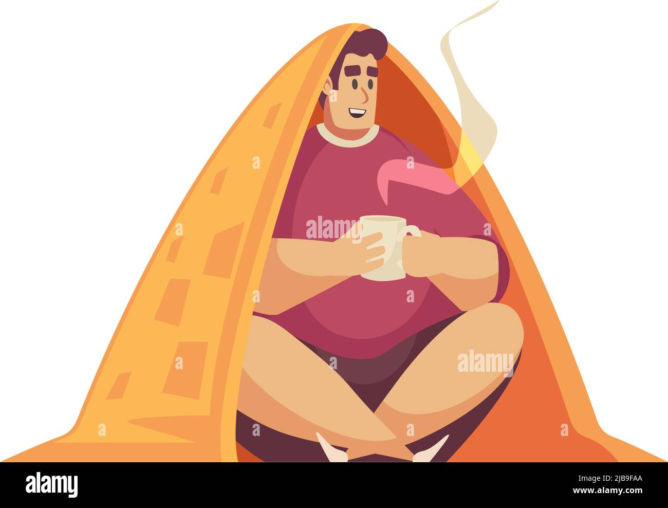 Cattivo tempo pioggia composizione con il carattere isolato di uomo bere tè all'interno di piccola tenda vettore illustrazione Illustrazione Vettoriale