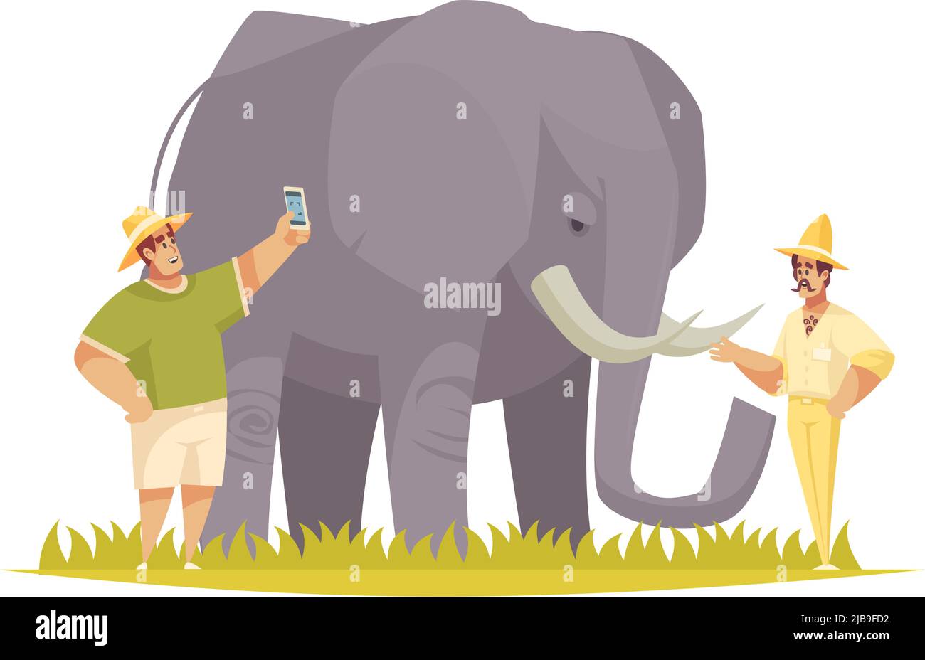 Composizione di Safari con personaggi umani che fanno foto che toccano un'enorme illustrazione vettoriale di elefante Illustrazione Vettoriale