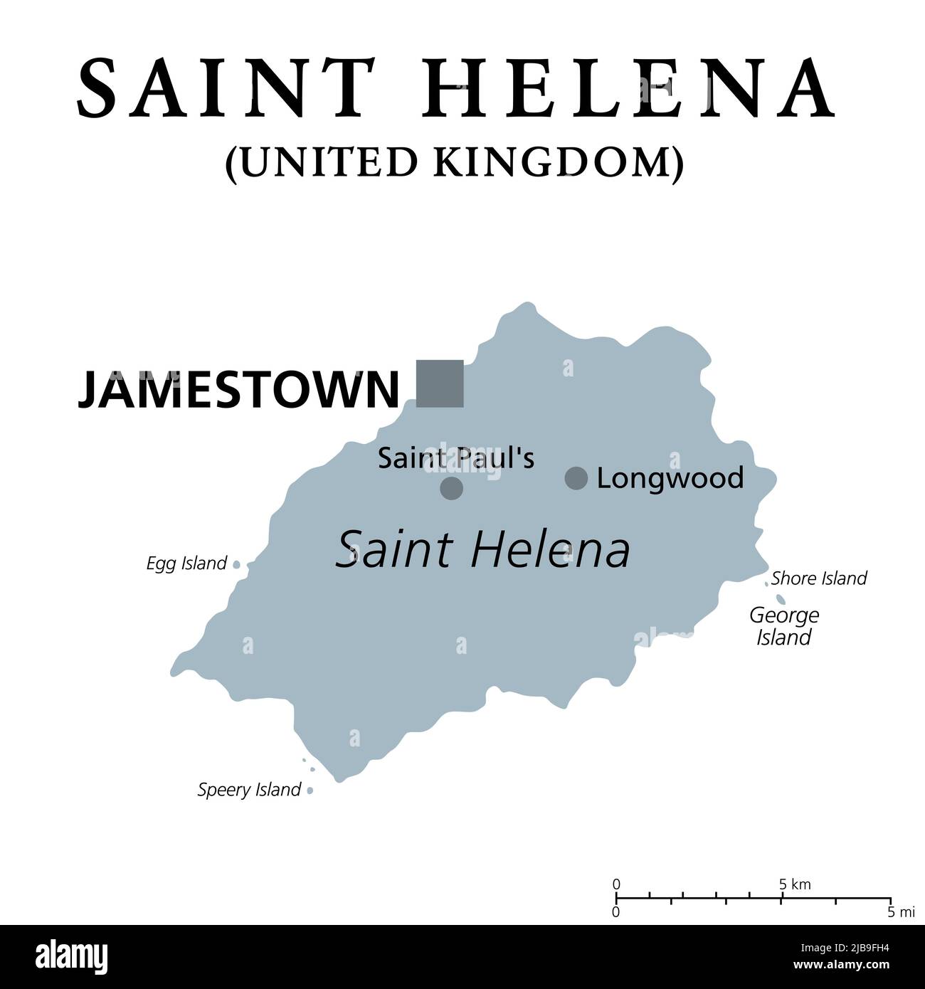 Sant'Elena, mappa politica grigia. Isola tropicale e un possesso britannico nel sud Atlantico con la capitale Jamestown. Secondo esilio di Napoleone. Foto Stock