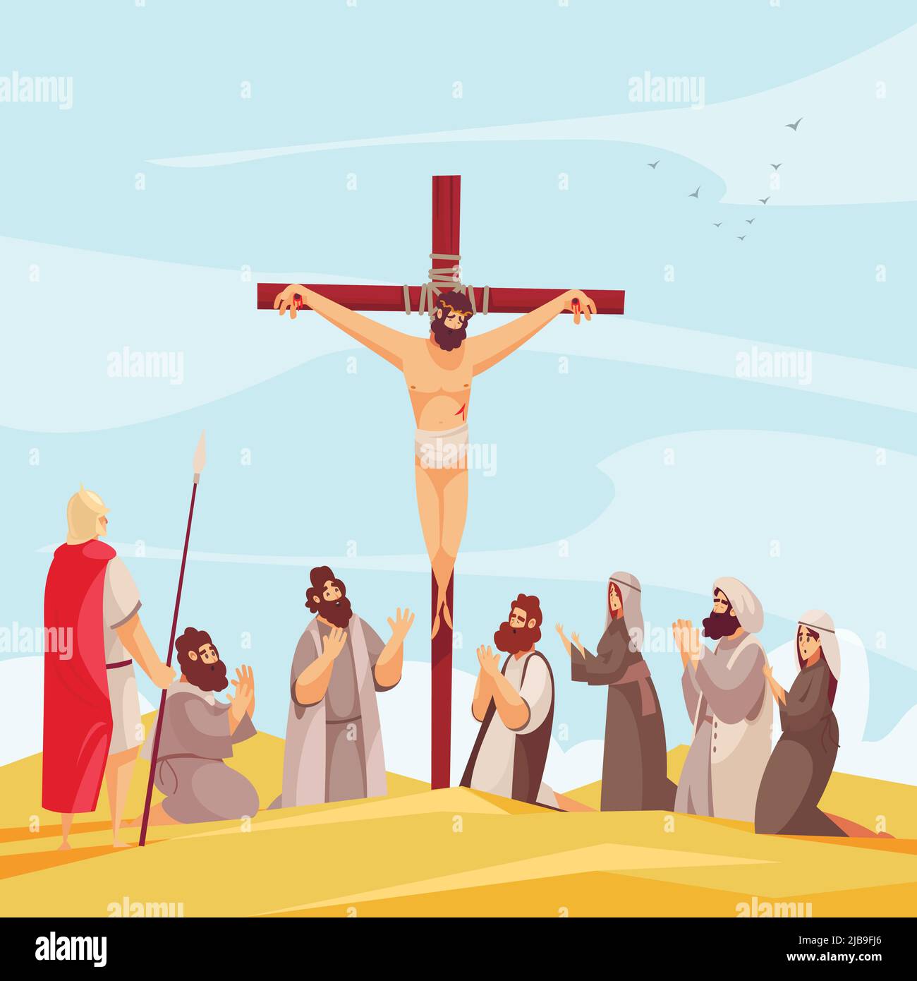La Bibbia racconta la composizione di gesù crocifisso con cristo inchiodato per attraversare il monte calvario con la gente orante illustrazione vettoriale Illustrazione Vettoriale