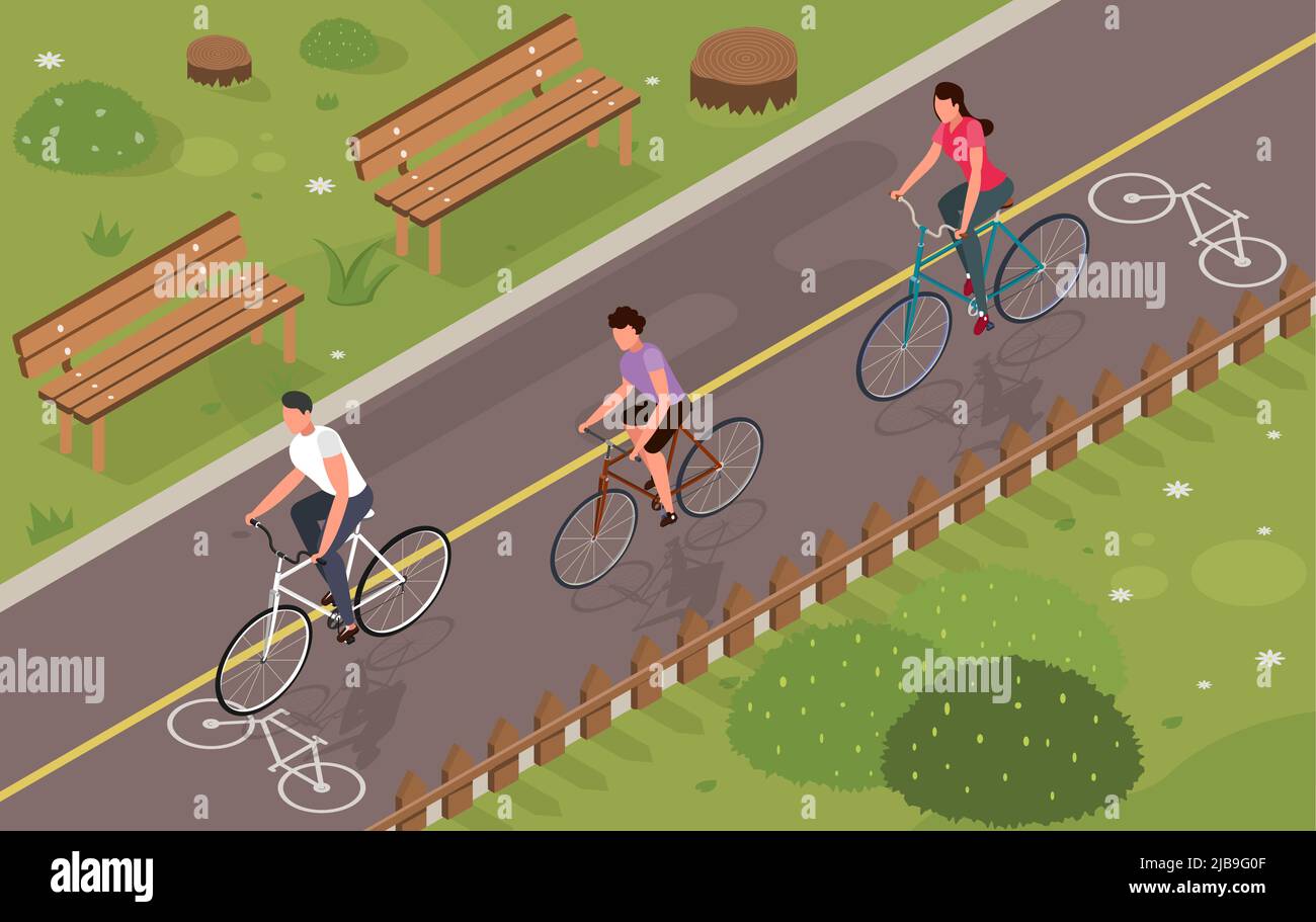 Tre persone in bicicletta nel parco 3D isometrico vettore illustrazione Illustrazione Vettoriale