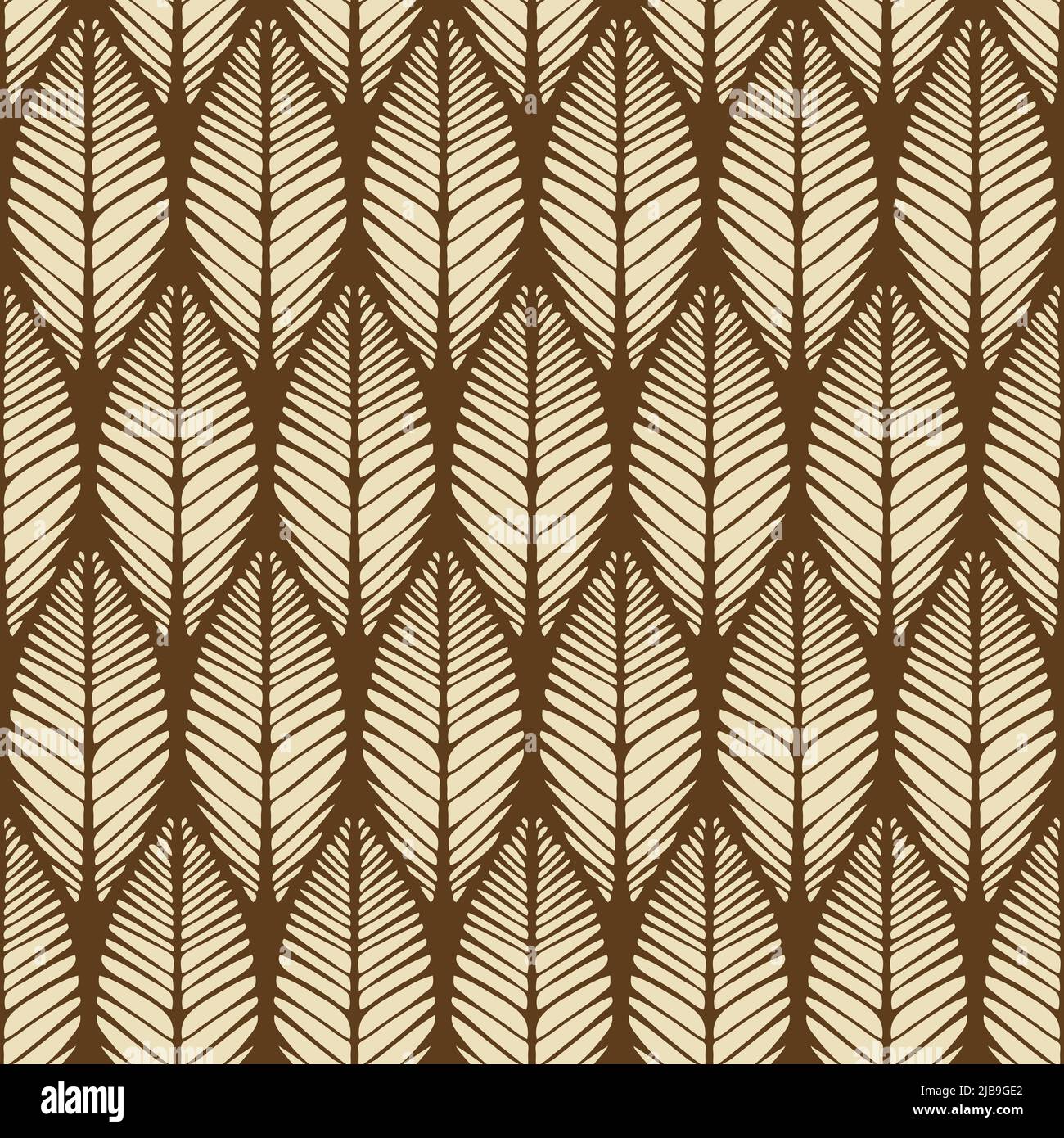 Pattern vettoriale senza giunture con texture a foglia su sfondo marrone. Design moderno con tappezzeria a treccia. Tessuto decorativo di moda organica. Illustrazione Vettoriale