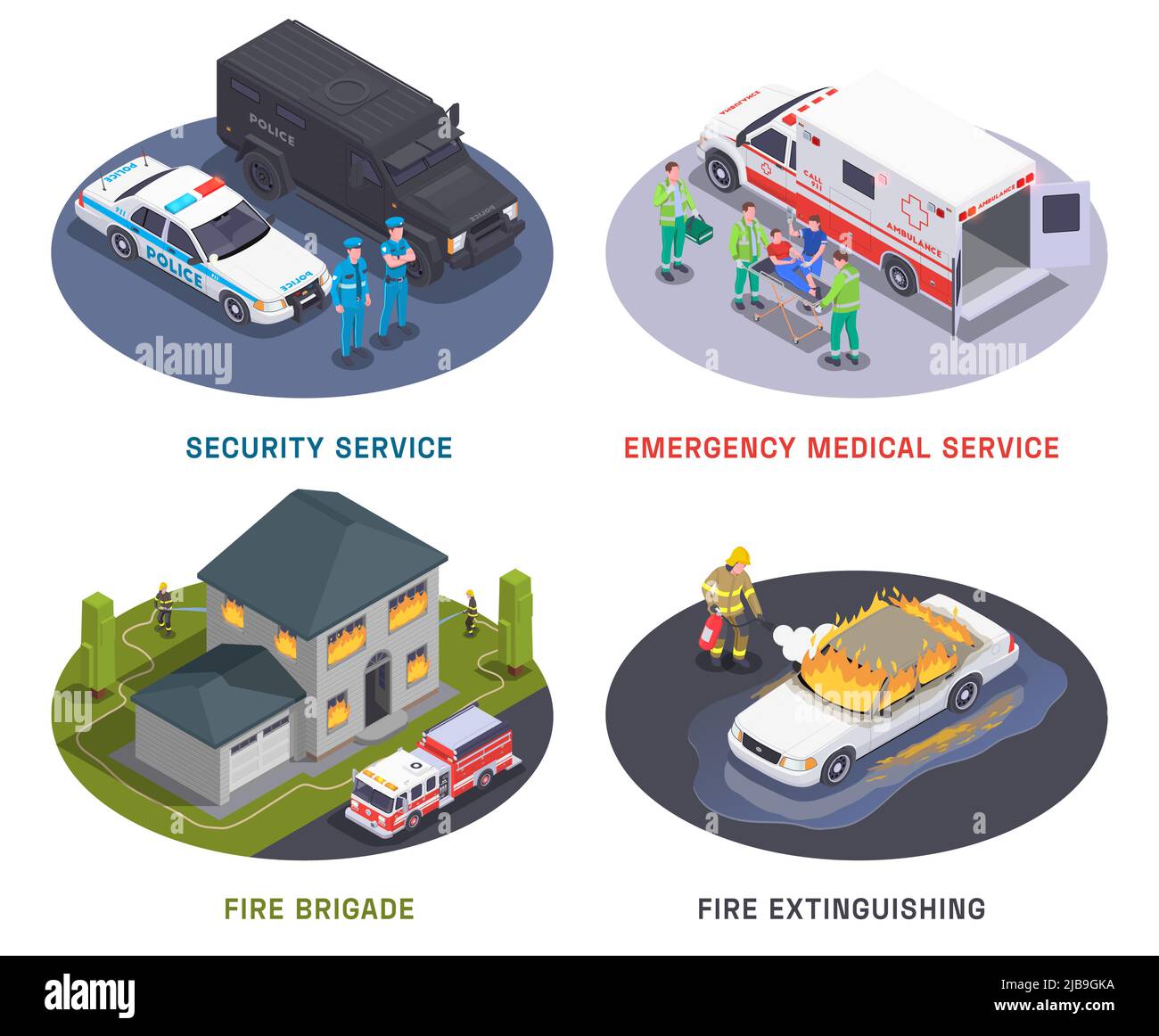 Servizio di emergenza 4 composizioni isometriche con team medico vigili del fuoco e guardie di sicurezza al lavoro illustrazione vettoriale. Illustrazione Vettoriale