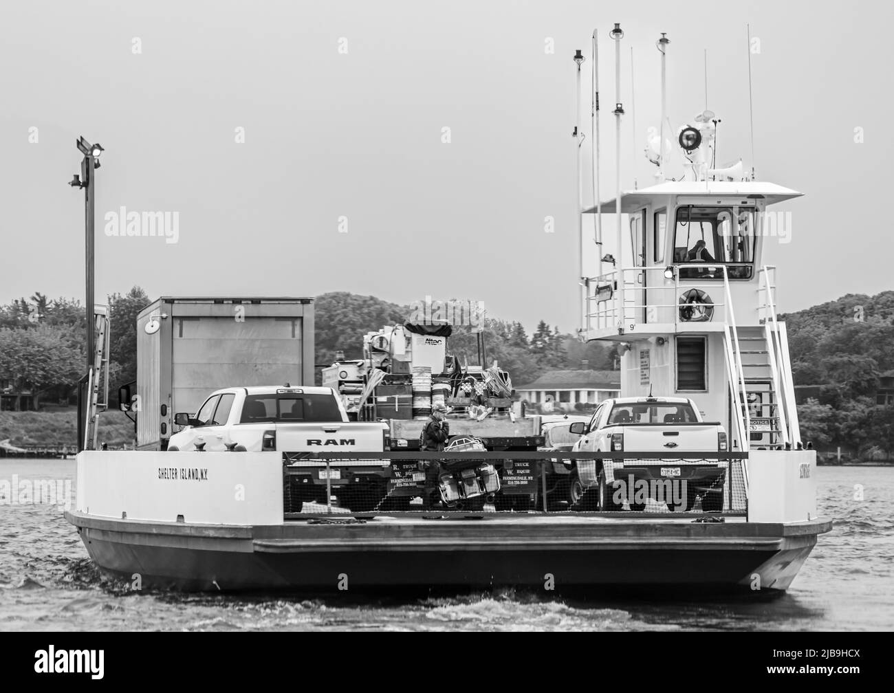 Immagine in bianco e nero del traghetto di Shelter Island, estate 2022 Foto Stock
