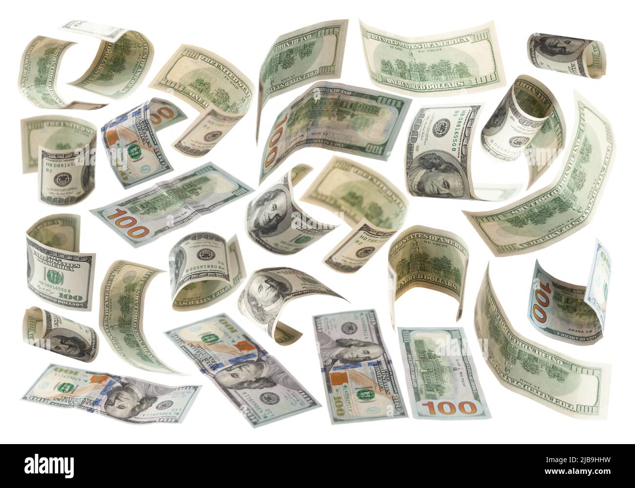 Set di banconote da 100 dollari isolate su sfondo bianco, collage di elementi di design Foto Stock