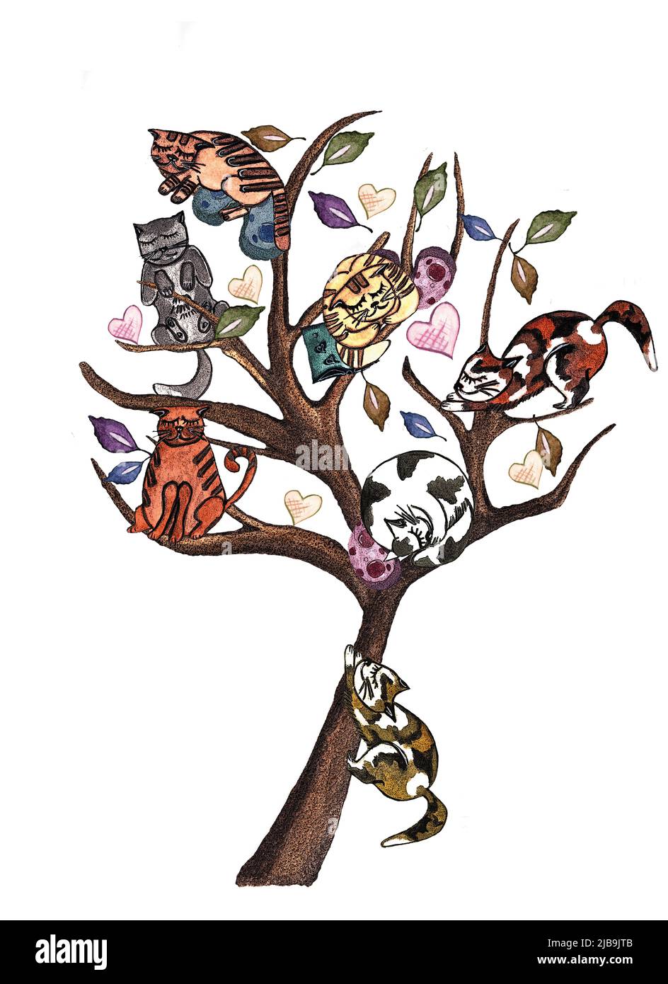 Acquerello dipinto a mano albero illustrazione con carino dormire gatti in diverse pose e cuscini, isolato su sfondo bianco. Foto Stock