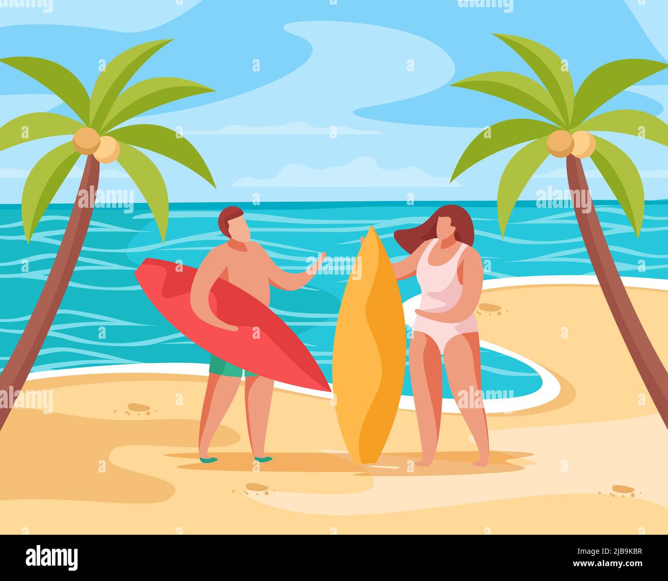 Composizione di concetto di festa estiva con immagini di paesaggio tropicale di palme sulla spiaggia con persone e tavole da surf illustrazione vettoriale Illustrazione Vettoriale