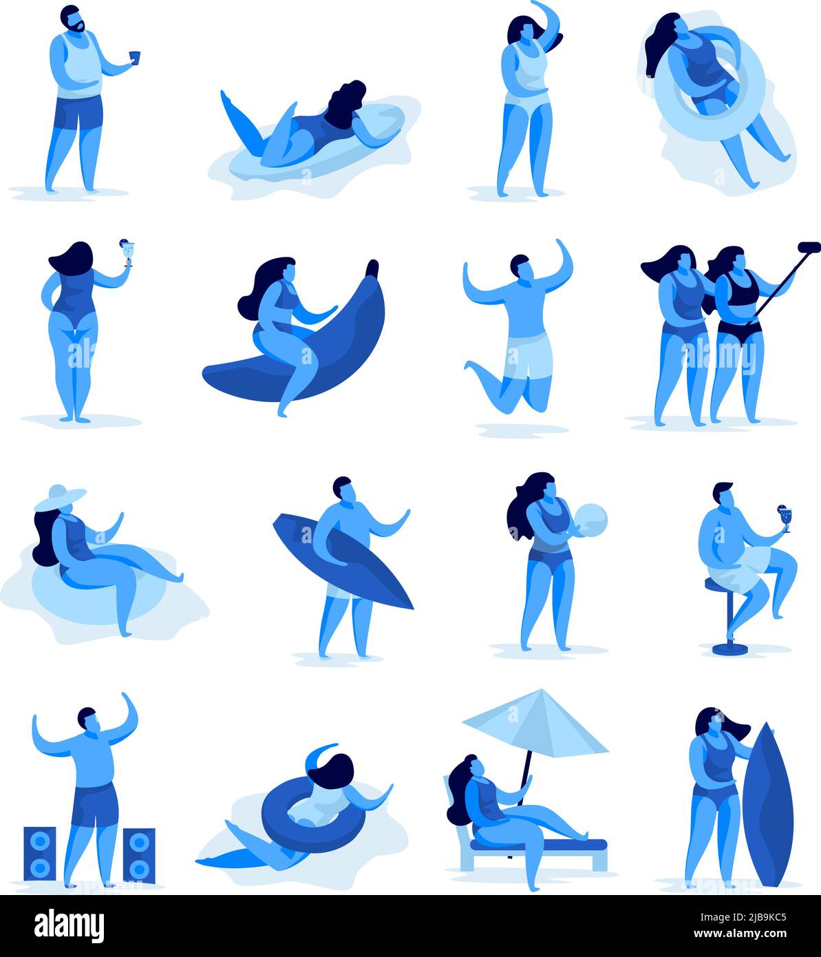 Set di immagini di concetto di festa estiva isolate con personaggi umani e attività sulla spiaggia su sfondo vuoto illustrazione vettoriale Illustrazione Vettoriale