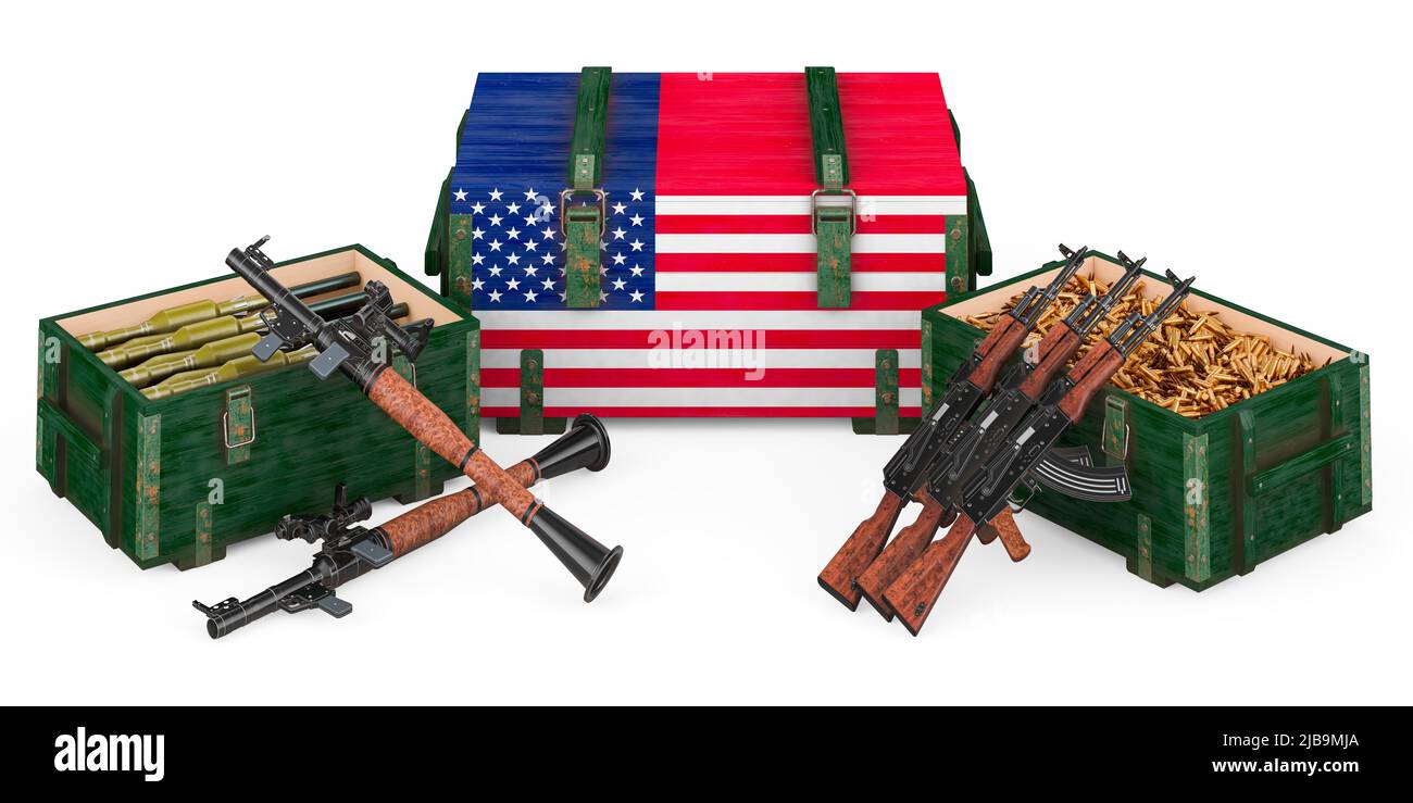 Armi, forniture militari negli Stati Uniti, concetto. 3D rendering isolato su sfondo bianco Foto Stock