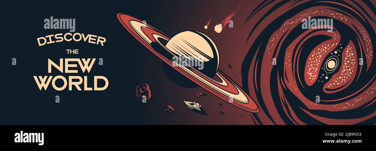 Poster orizzontale dello spazio con i corpi del cosmo che volano nell'universo e nel testo Scopri il nuovo mondo astratto illustrazione vettoriale Illustrazione Vettoriale