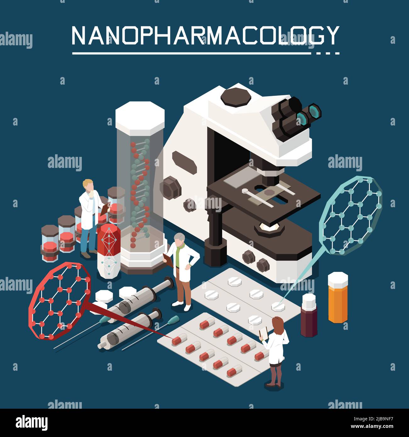 Nanotecnologia in farmacologia composizione isometrica con microscopio elettronico nanofarmacologia Packaging pills farmaci in nanoparticelle background vec Illustrazione Vettoriale