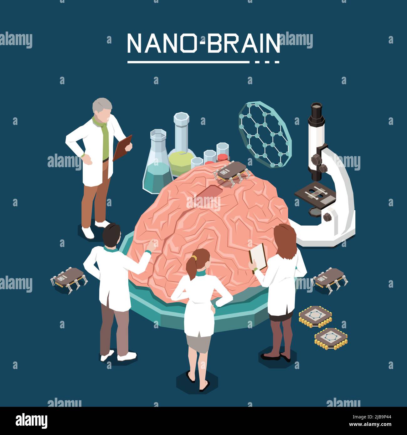 Composizione isometrica con tecnologia nano bio con personale scientifico di laboratorio che utilizza nano-materiali per l'illustrazione vettoriale del miglioramento dell'attività cerebrale Illustrazione Vettoriale