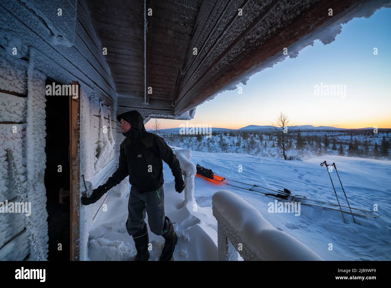 A Pahakuru capanna selvaggia aperta, Enontekiö, Lapponia, Finlandia Foto Stock
