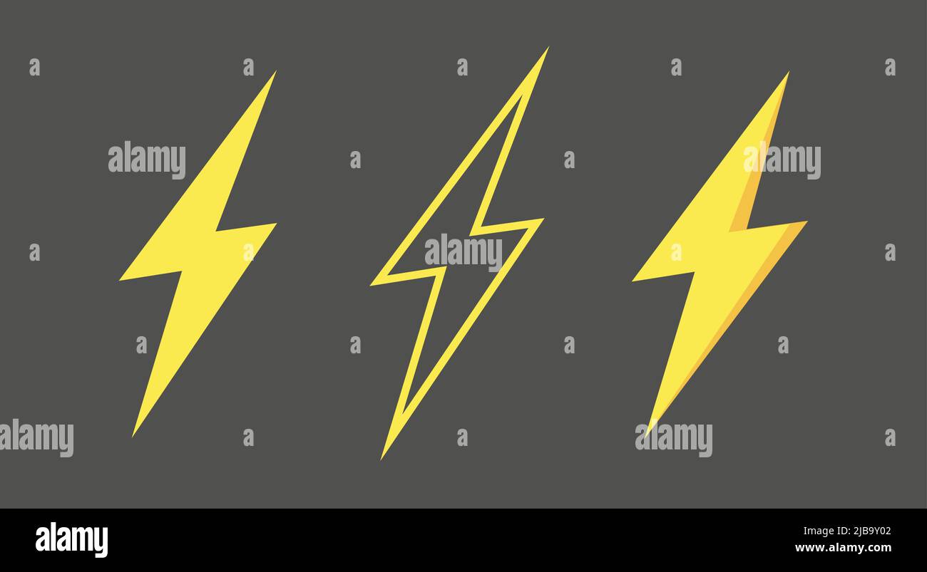 Set di icone fulminee, simbolo thunderbolt o simbolo flash. Isolato su sfondo grigio. Illustrazione vettoriale Illustrazione Vettoriale