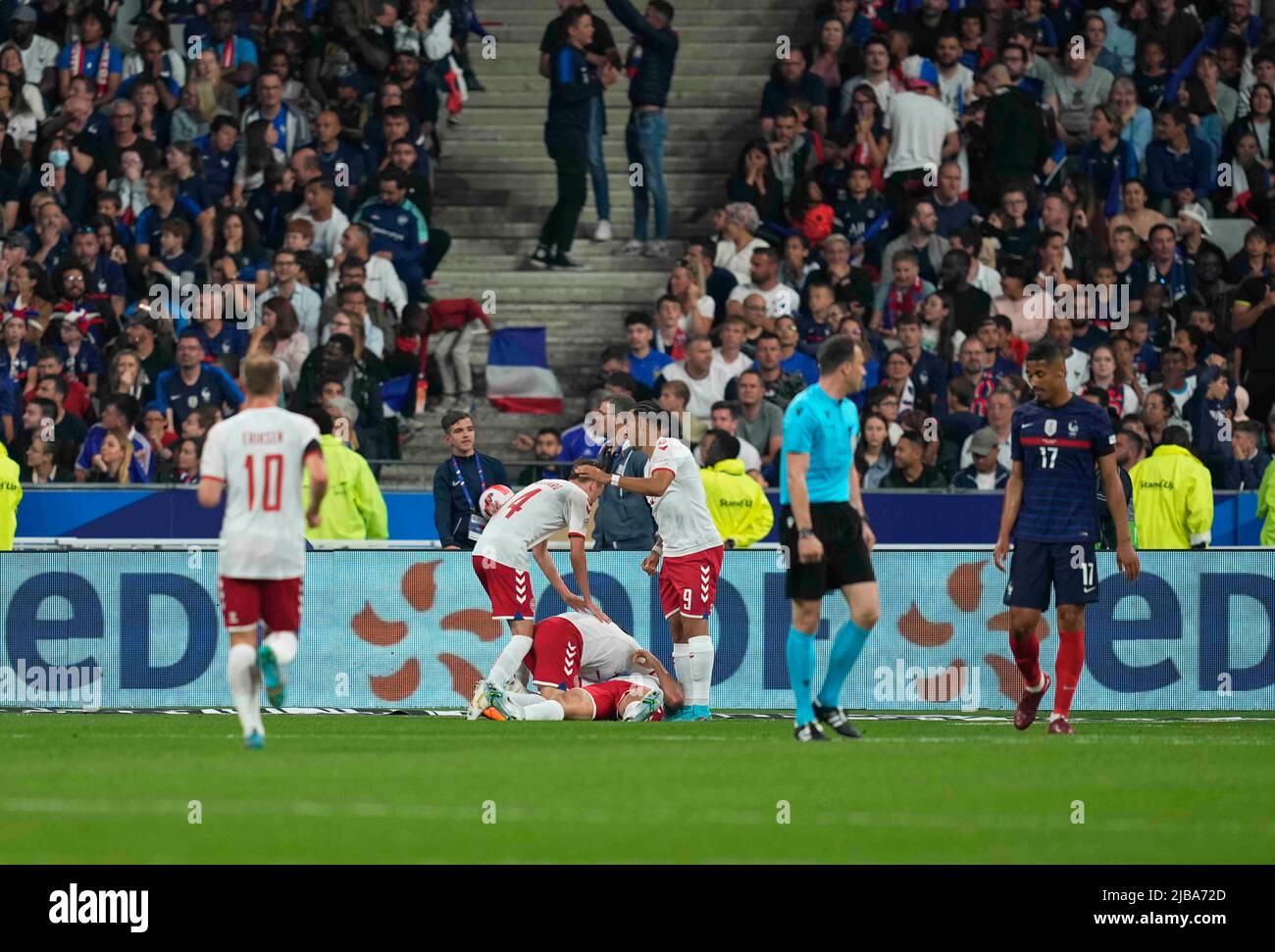 Stade de France, Parigi, Francia. 3rd giugno 2022. Andreas Cornelius festeggia il suo secondo gol durante la Francia contro la Danimarca, la fase del gruppo della Lega delle Nazioni UEFA allo Stade de France, Parigi, Francia. Ulrik Pedersen/CSM/Alamy Live News Foto Stock