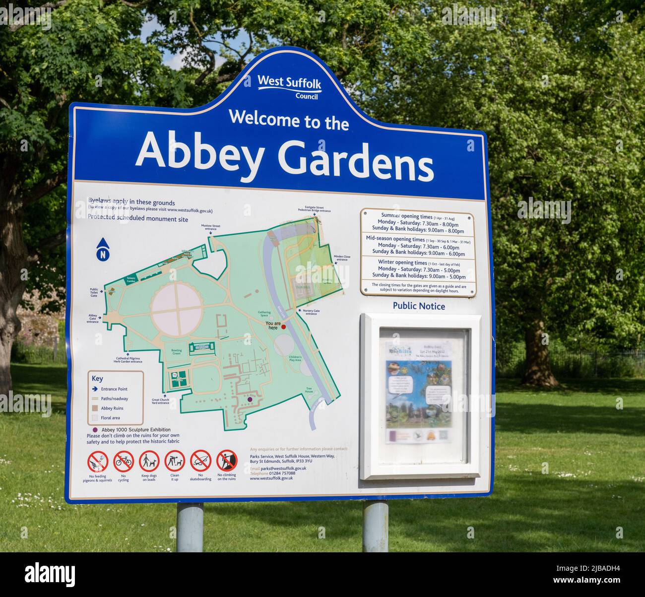 Benvenuti a Abbey Gardens, Bury St Edmunds, Suffolk, Inghilterra, Regno Unito Foto Stock