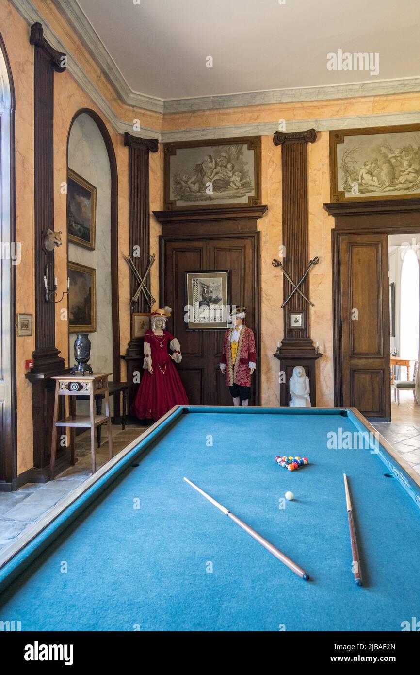 Francia, Normandia, Suisse Normande. Château de Pontécoulant. Tavolo da biliardo. Foto Stock