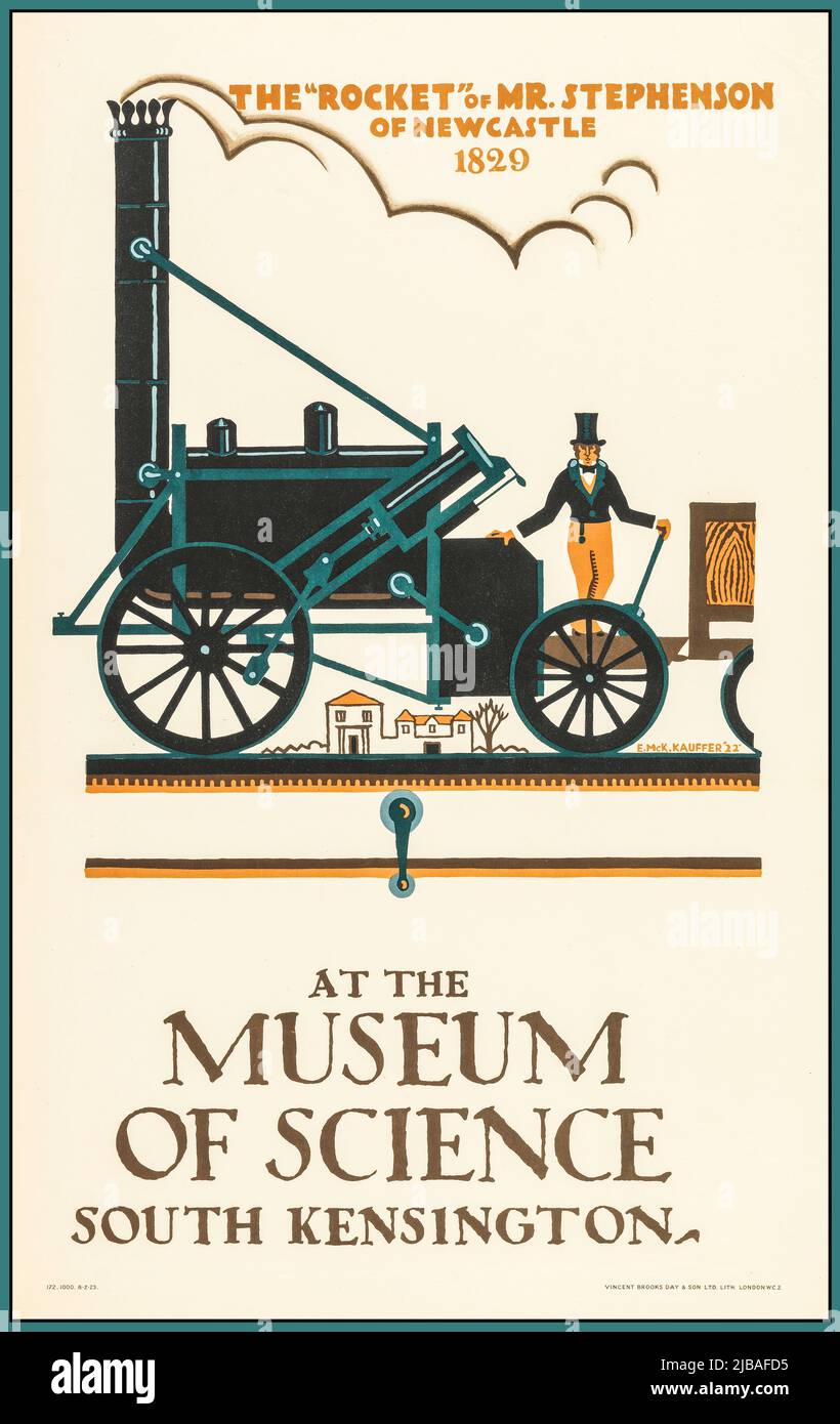 Vintage London Attraction 1920s Poster, il 'Rocket' di Stephenson del Museo della Scienza di Newcastle, 1922 Illustrazione il motore del treno nero Rocket; con uomo & cappello IL "ROCKET" DI MR. STEPHENSON / DI NEWCASTLE / 1829; in basso, in grigio: AL / MUSEO / DELLA SCIENZA / SOUTH KENSINGTON. Data 1922 da Edward McKnight Kauffer litografia offset Foto Stock