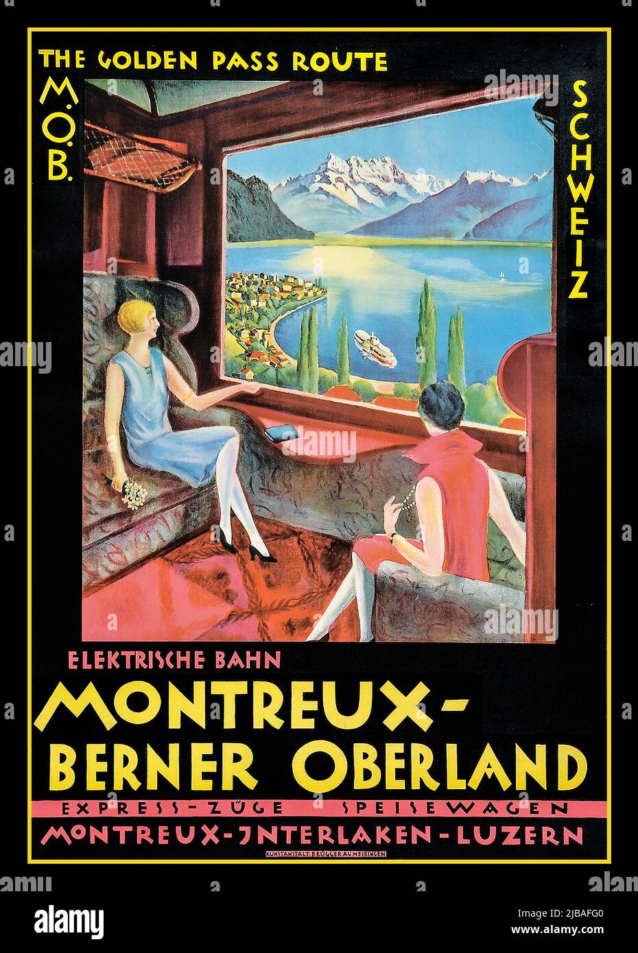 Poster Vintage Travel Rail 1920s MONTREUX-BERNER OBERLAND "The Golden Pass Route M.O.B." Montreux - Berner Oberland, 1922, Farblithografie. (Druck: Kunstalt Brügger AG Meiringen) 1922 Foto Stock
