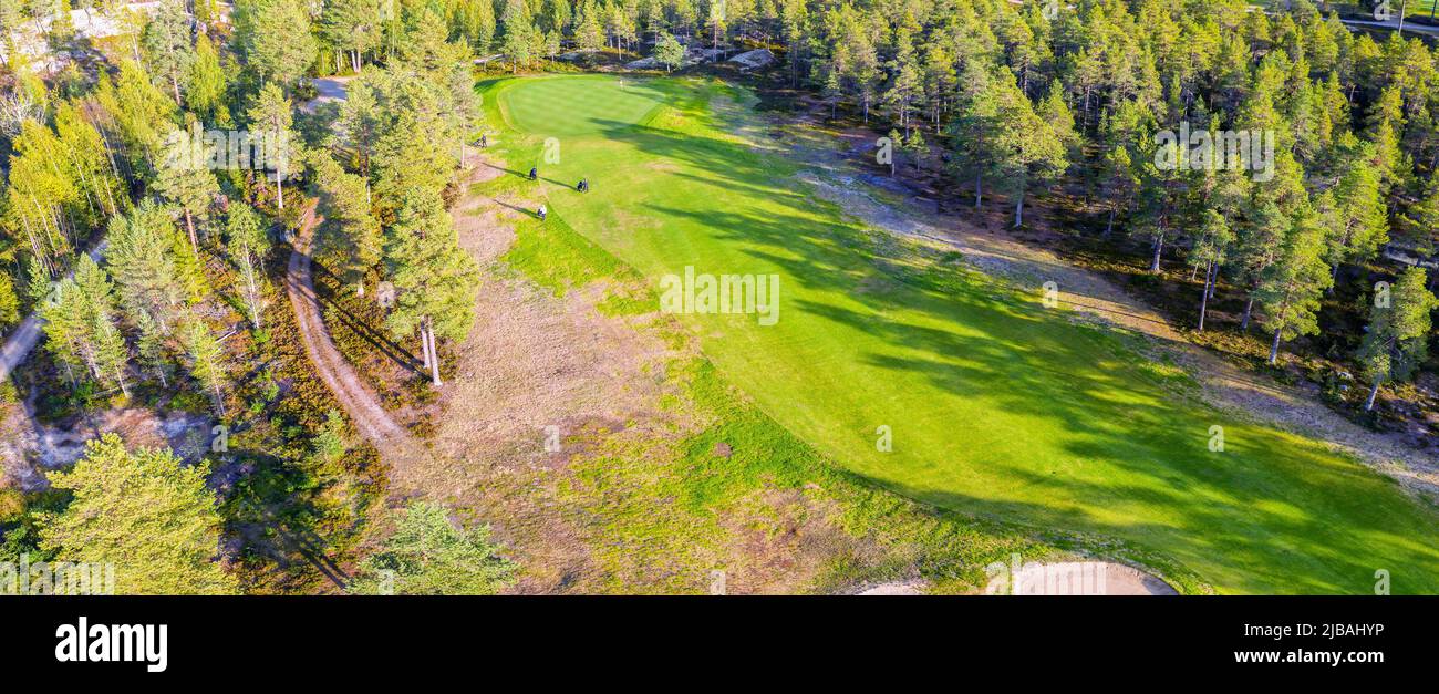 Vista prospettica aerea sul campo da golf nella foresta settentrionale. Le persone non identificate giocano a piedi per cambiare campo da golf, alberi di pino intorno. Giornata di sole caldo Foto Stock