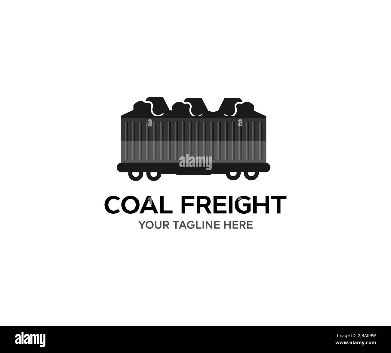 Treno carbone minerario esportazione spedizione logo design. Carro ferroviario caricato di carbone. Treno merci carbone alla stazione ferroviaria. Carro di carbone, minerario. Illustrazione Vettoriale