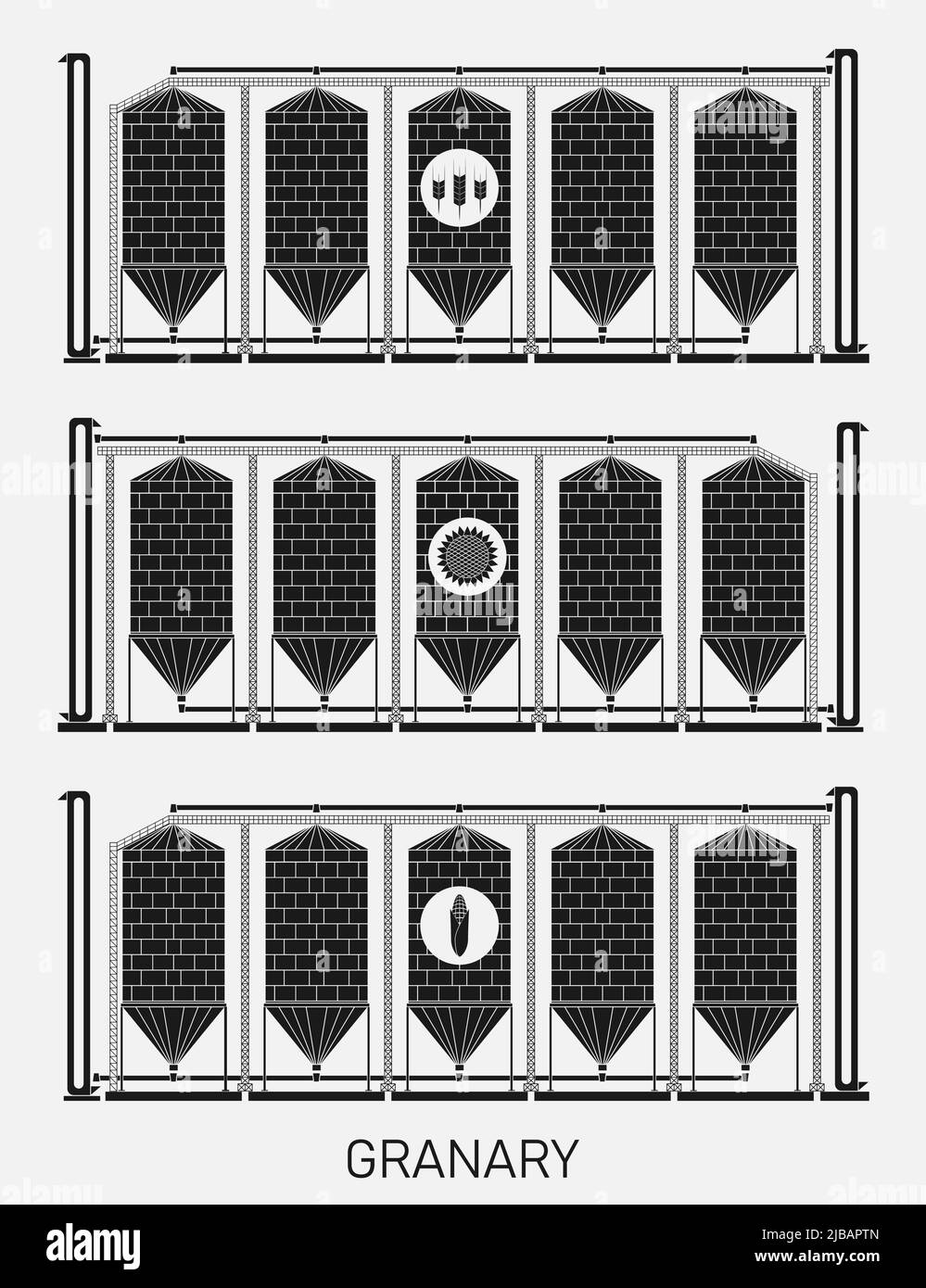 Illustrazione creativa di un magazzino agricolo per un elevatore di grano isolato su uno sfondo trasparente. Concetto astratto di grano, mais e sunf Illustrazione Vettoriale