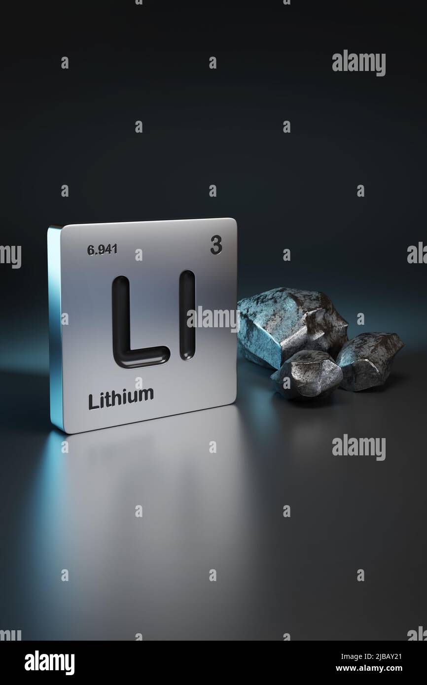 Simbolo dell'elemento al litio dalla tabella periodica vicino al litio metallico. 3d illustrazione. Foto Stock