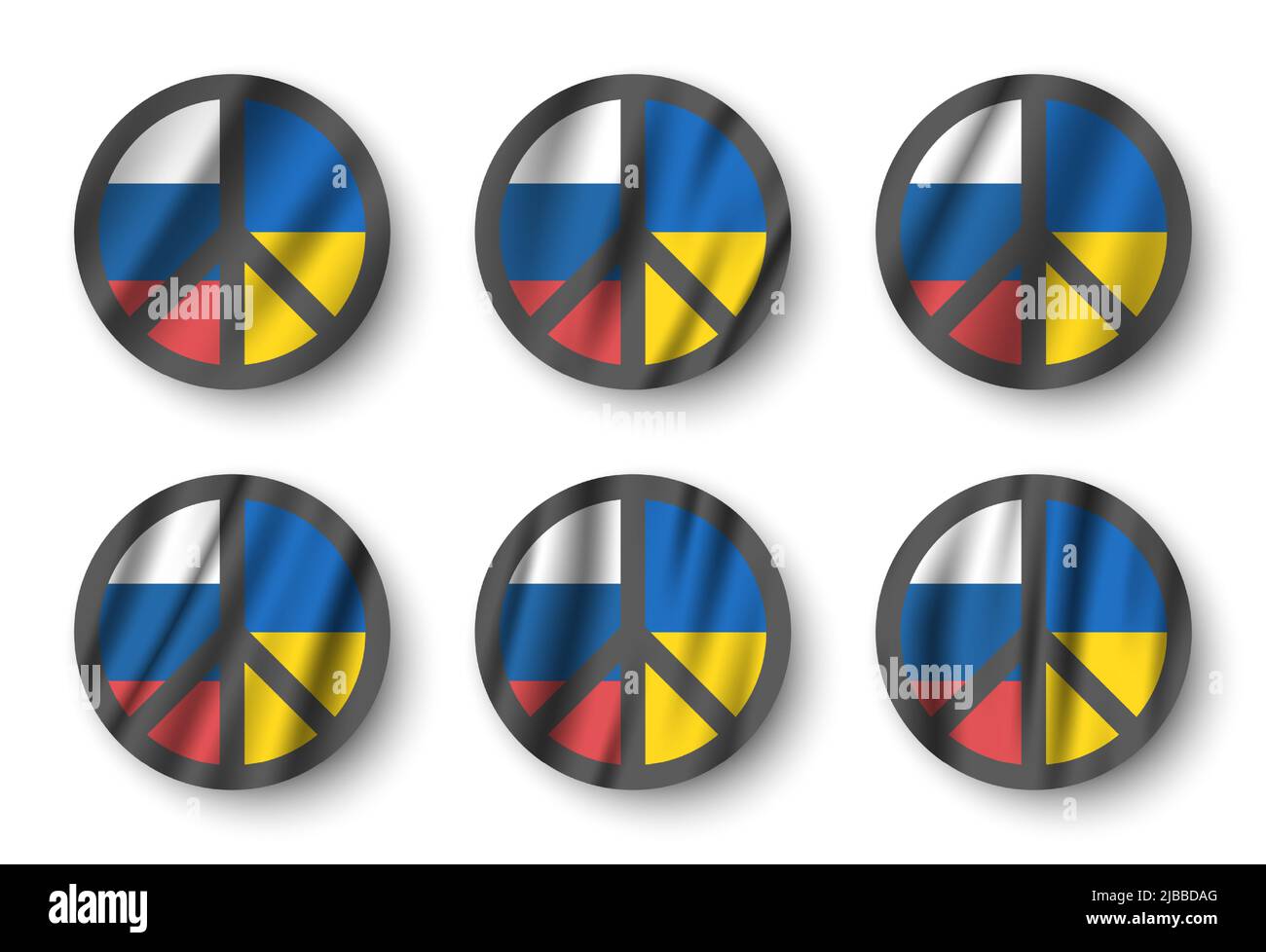 Insieme di simboli di pace con la bandiera di russia e ucraina. Firma della Campagna per il disarmo nucleare ( CND ). Design piatto . Pacifista e non conce di guerra Illustrazione Vettoriale