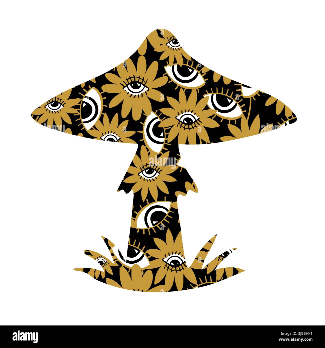 Silhouette a fungo con motivo psichedelico. Fly agarico con un modello di piante e occhi. Il concetto di microdosaggio, tossicodipendenza, trattamento con Illustrazione Vettoriale