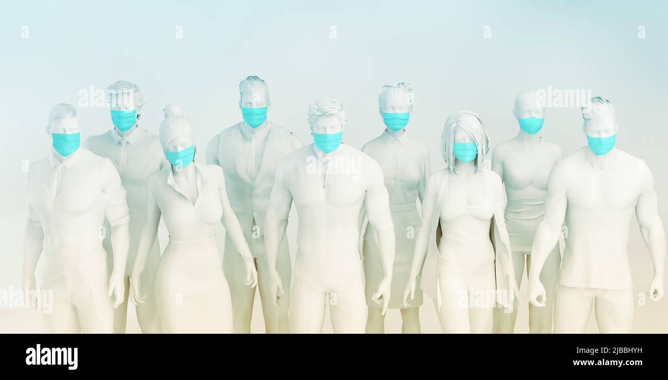 Gruppo di persone che indossano maschere chirurgiche in piedi insieme prevenzione e. Concetto delle procedure di sicurezza Foto Stock