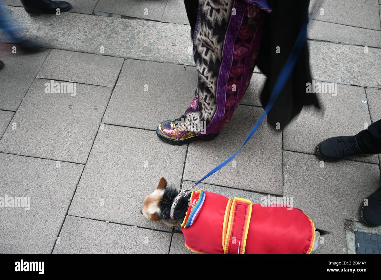 hippy walking con cane, bury st edmunds, suffolk, Foto Stock