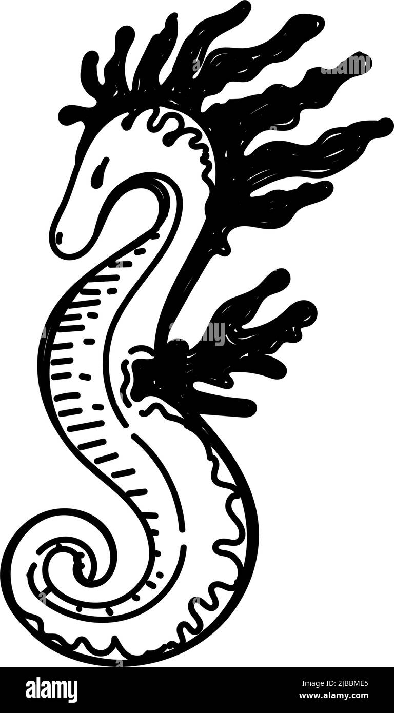 Cavalluccio marino, disegnato a mano in stile di schizzo. Elementi decorativi. Sfondo bianco. Isolato. Creature marine. Estate. Oceano. Disegno piatto vettore semplice illustrazione Illustrazione Vettoriale