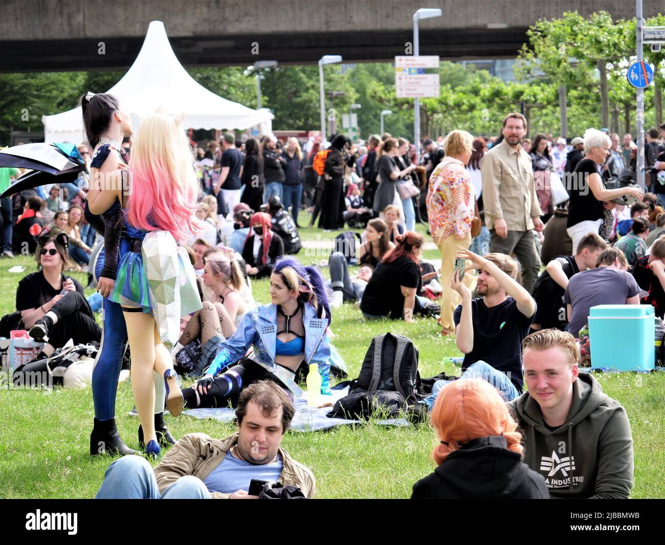 Germania, Düsseldorf, Dusseldorf, passeggiata sul Reno, maggio 21, 2022, 413 pm, festa del giorno del Giappone del popolo giapponese, la gente immagazzina la folla in un prato e. Foto Stock