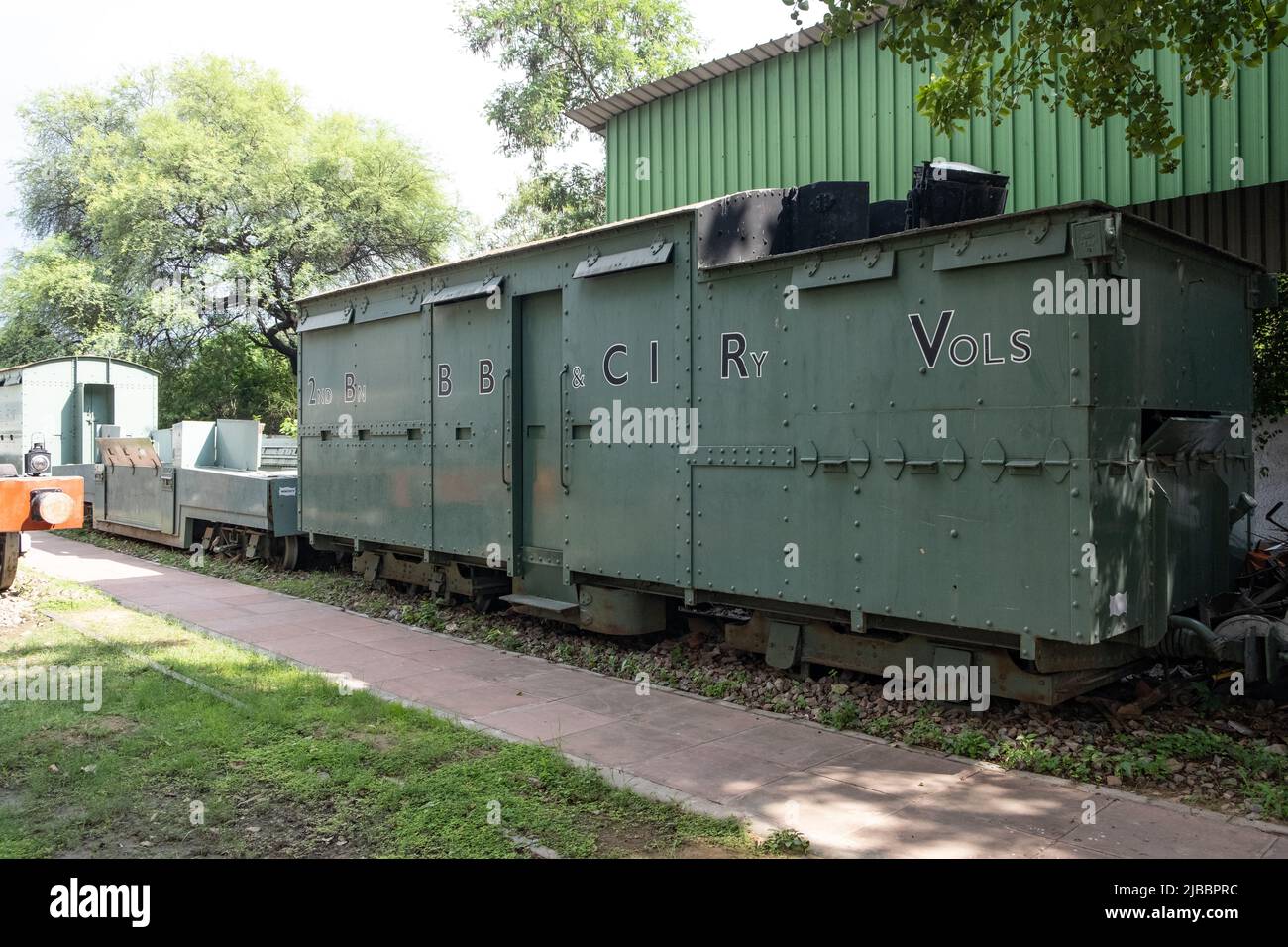 Questo treno a scartamento di 6 metri fu costruito appositamente per trasportare truppe in un'area infestata dalla guerra. Carri costruiti nel 1880 sono stati convertiti in Ajmer officina di Foto Stock
