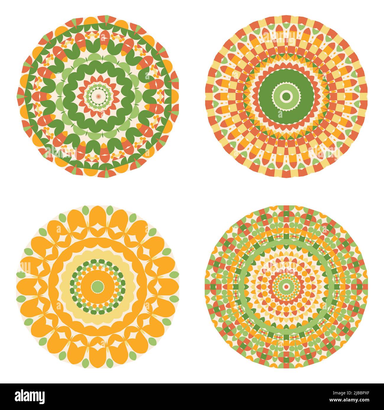 Grafica vettoriale dei cerchi di mandala a colori. Forme riccamente ornate. Cerchi decorativi geometrici. Retro metà secolo. Neo Geo. Illustrazione Vettoriale