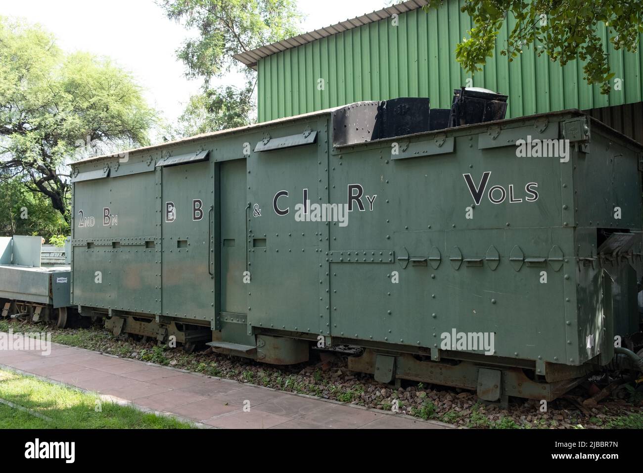 Questo treno a scartamento di 6 metri fu costruito appositamente per trasportare truppe in un'area infestata dalla guerra. Carri costruiti nel 1880 sono stati convertiti in Ajmer officina di Foto Stock