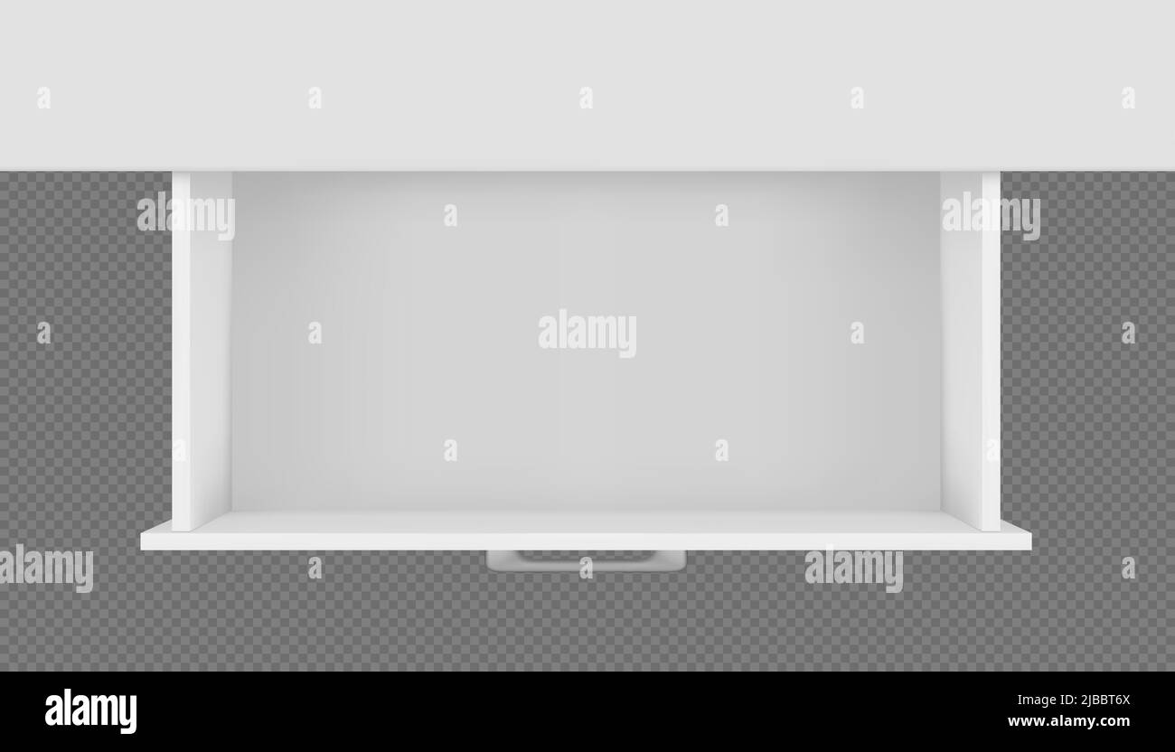 Vista dall'alto del cassetto vuoto vuoto bianco dell'armadio, dell'armadio o del comodino. Mockup vettoriale di 3D mobili resi. Oggetti interni per ufficio o soggiorno Illustrazione Vettoriale