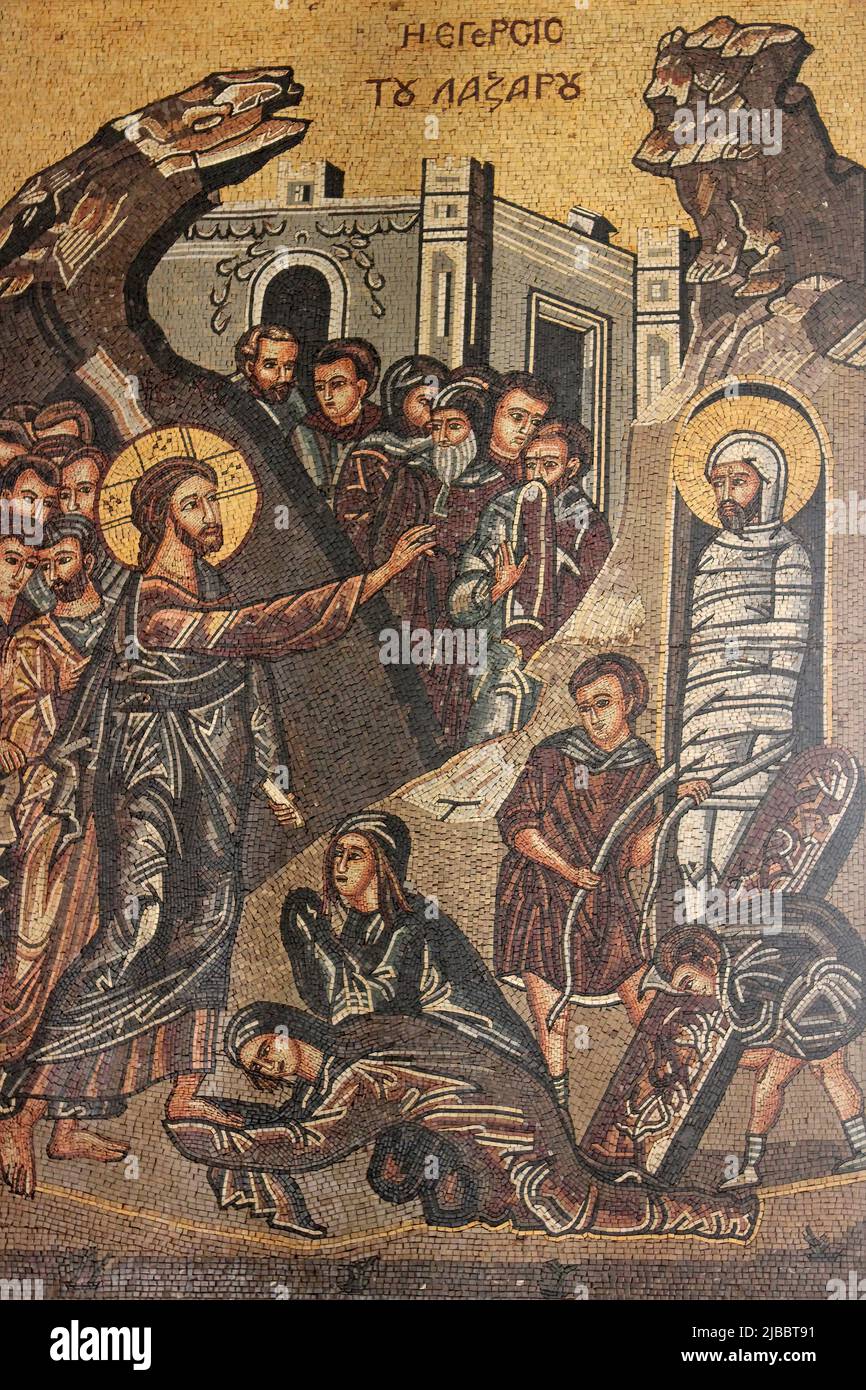 Mosaico nella chiesa greco-ortodossa di San Giorgio, Madaba Giordania Foto Stock