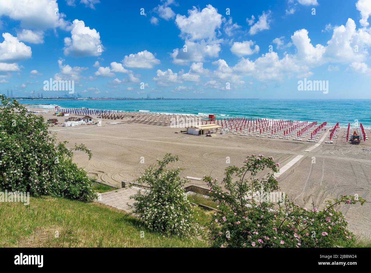 Paesaggio con Eforie spiaggia nord a Black Sea Coast, Romania Foto Stock