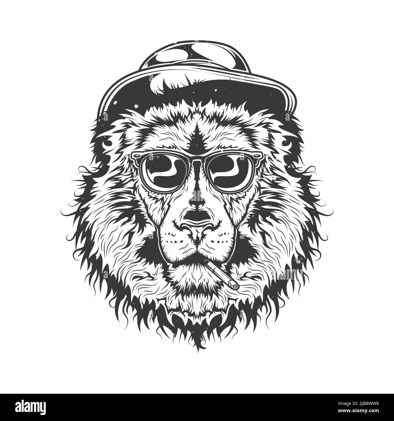 Emblema con illustrazione di fumare leone in un cappello e occhiali Illustrazione Vettoriale