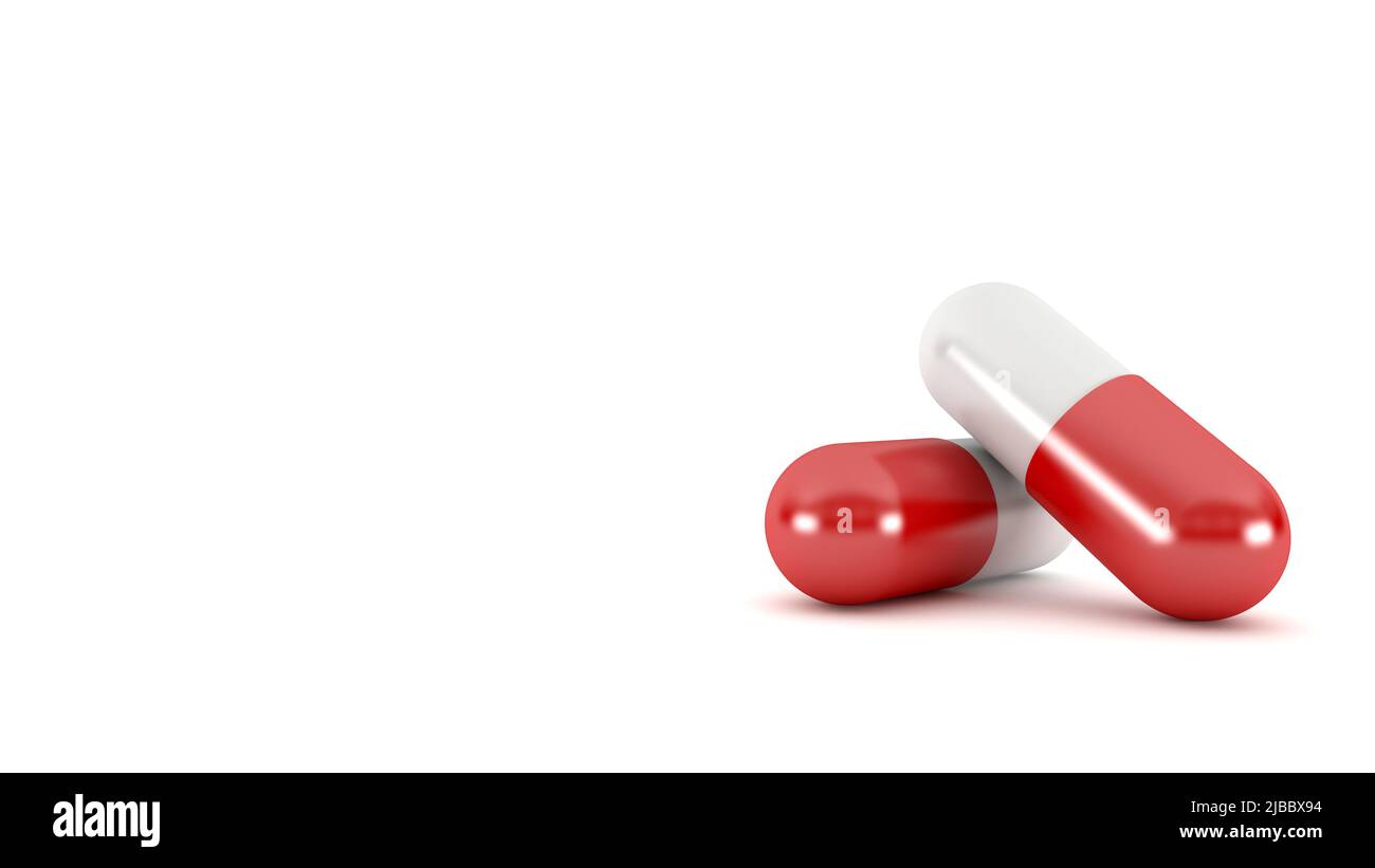 Capsula di pillola rossa isolata su sfondo bianco, 3D rendering Foto Stock