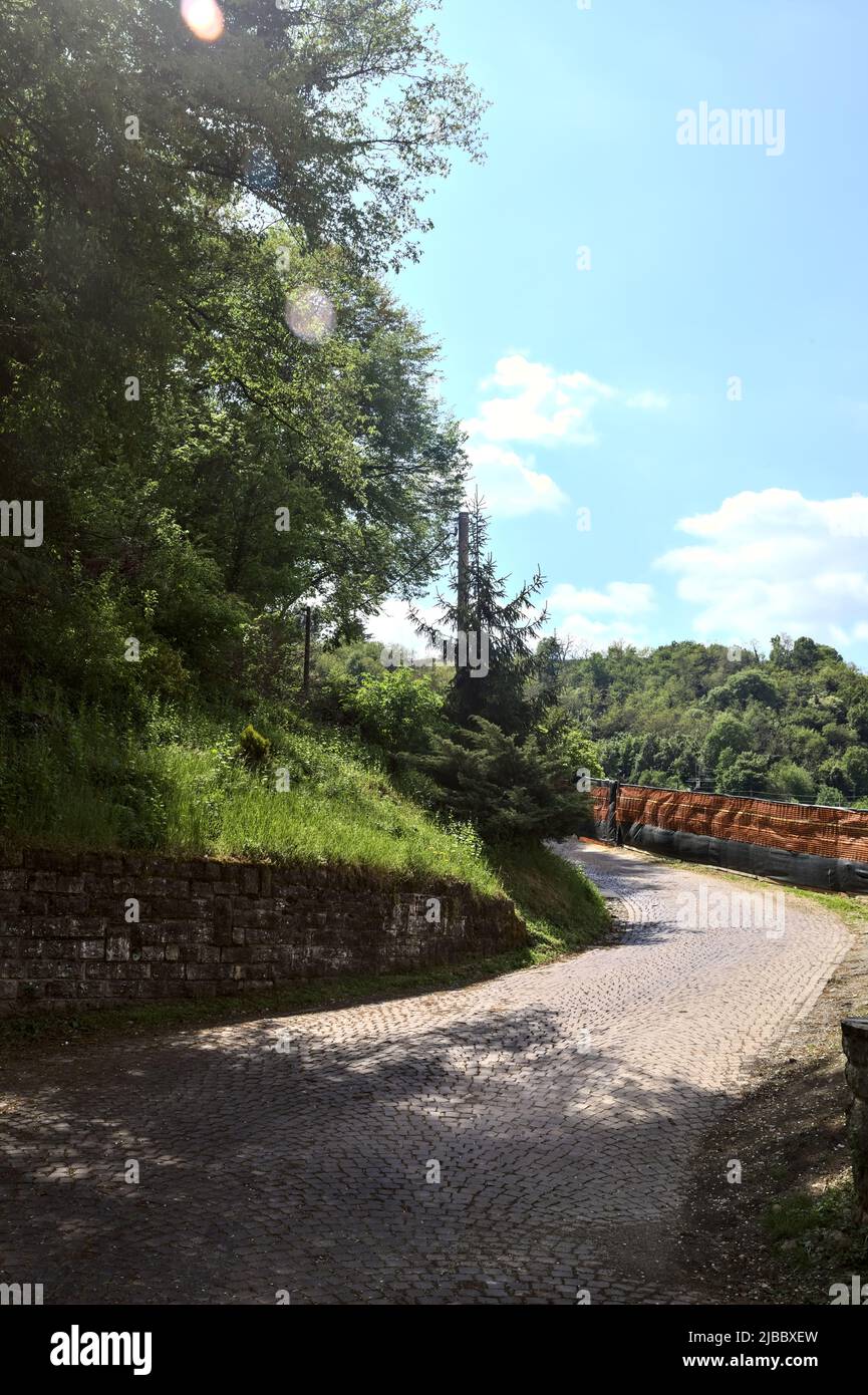 Svoltare in una strada asfaltata in salita in una foresta delimitata dalla recinzione di un cantiere Foto Stock