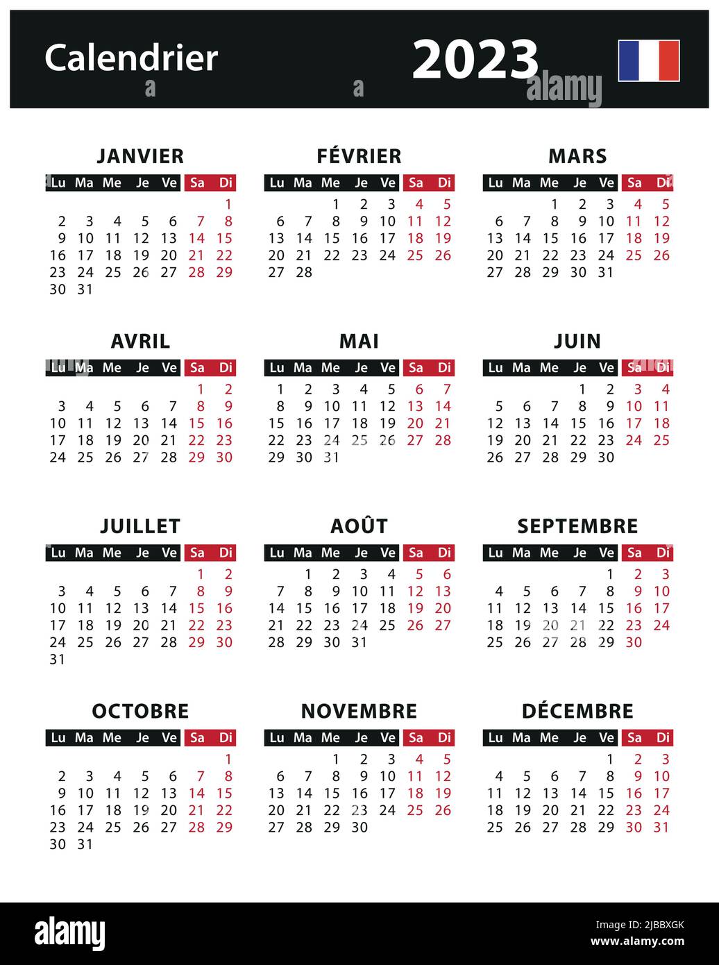 Calendario 2023 - illustrazione del vettore. Francia, versione francese | calendrier 2023 - illustrazione vettorielle stock. Francia, versione francese Illustrazione Vettoriale