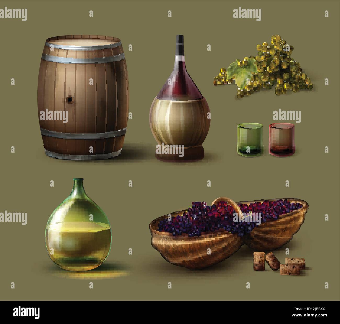 Set vettoriale di vinificazione con botte di legno, bottiglie d'annata, bicchiere, cesto di vimini e uva isolata su sfondo Illustrazione Vettoriale
