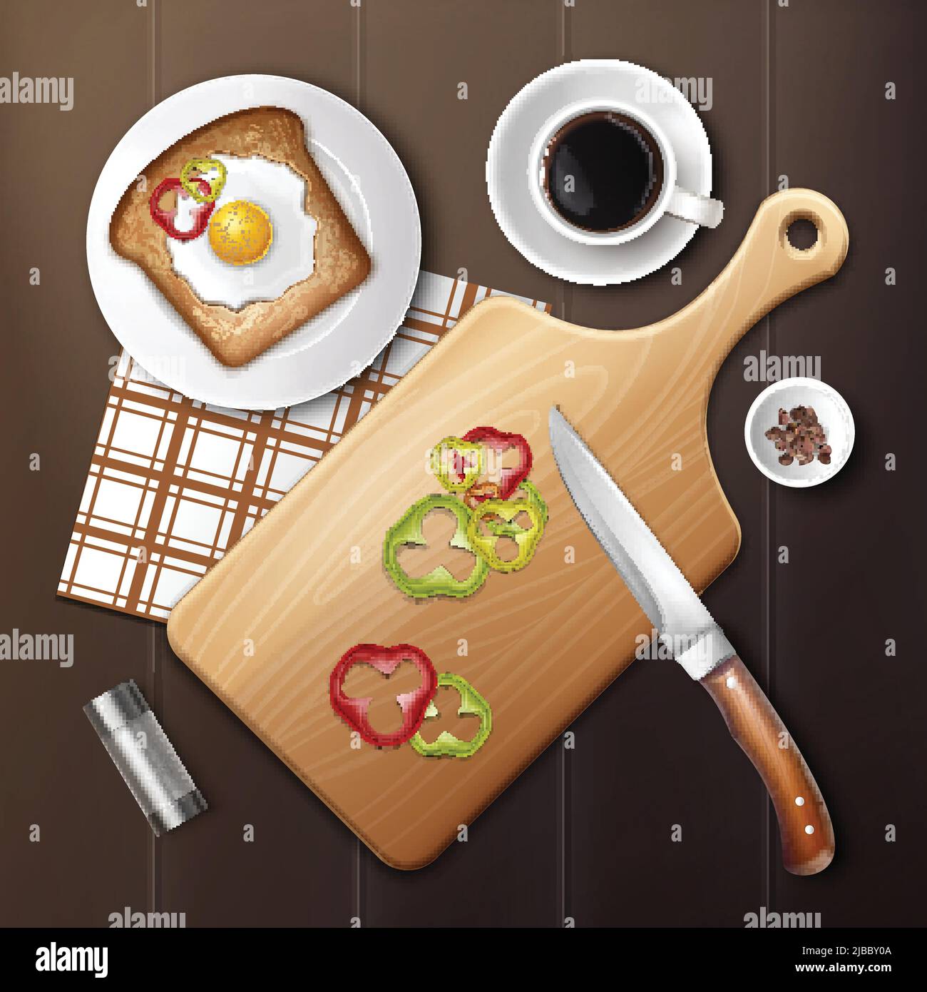 Illustrazione vettoriale di gustoso panino con uova e peperone tritato per la colazione su tavola di legno. Vista dall'alto Illustrazione Vettoriale